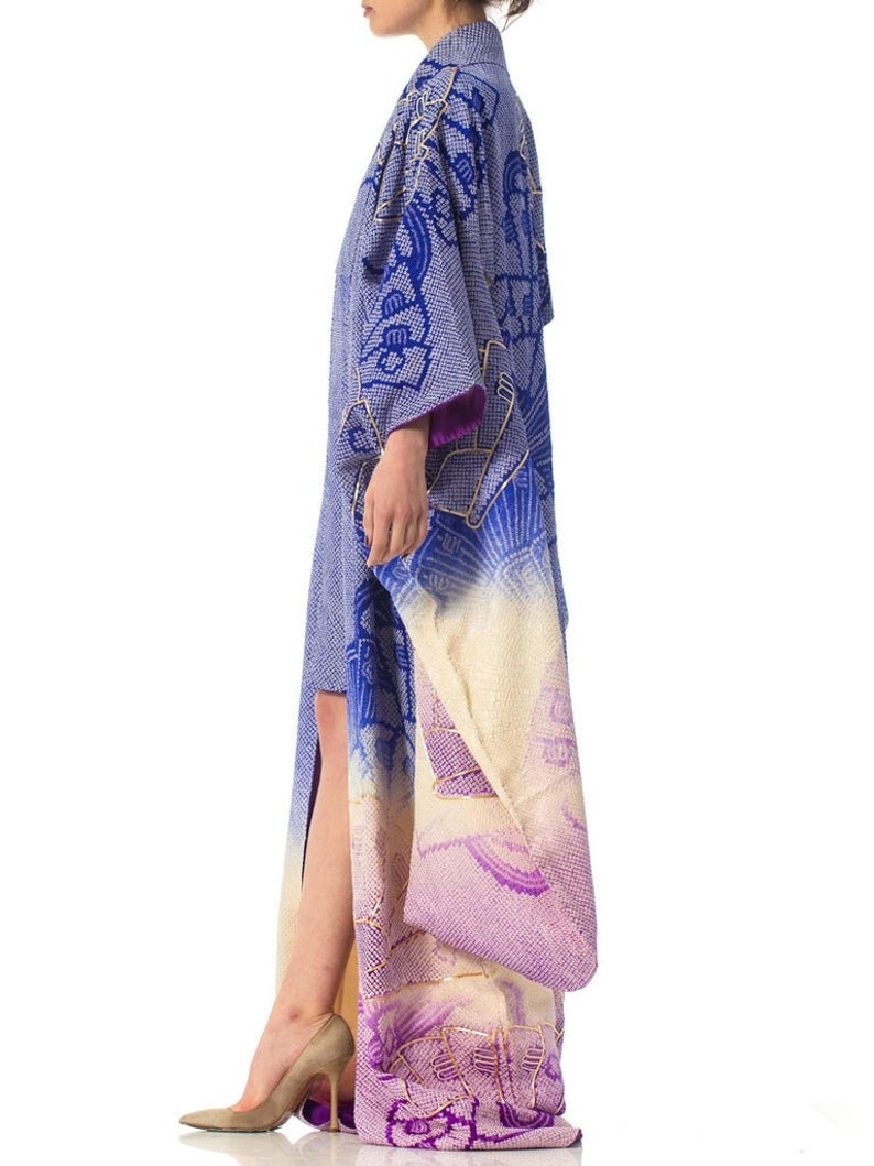 1970'S Japanese Shibori Hand Dyed Ombre Blue To Purple Silk Gold Embroidered Kimono image 8