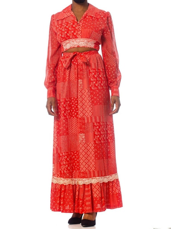 1970S Red Cotton Printed Patchwork Skirt And Top E