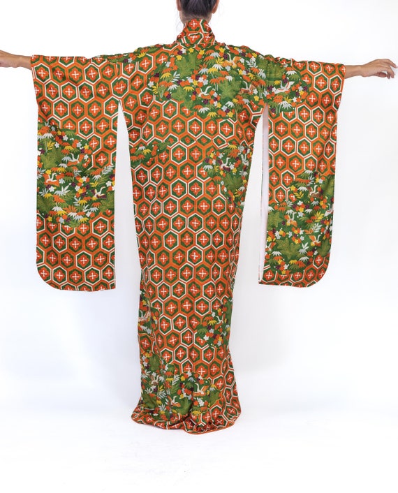 1970S Green  Orange Geometric Silk Kimono