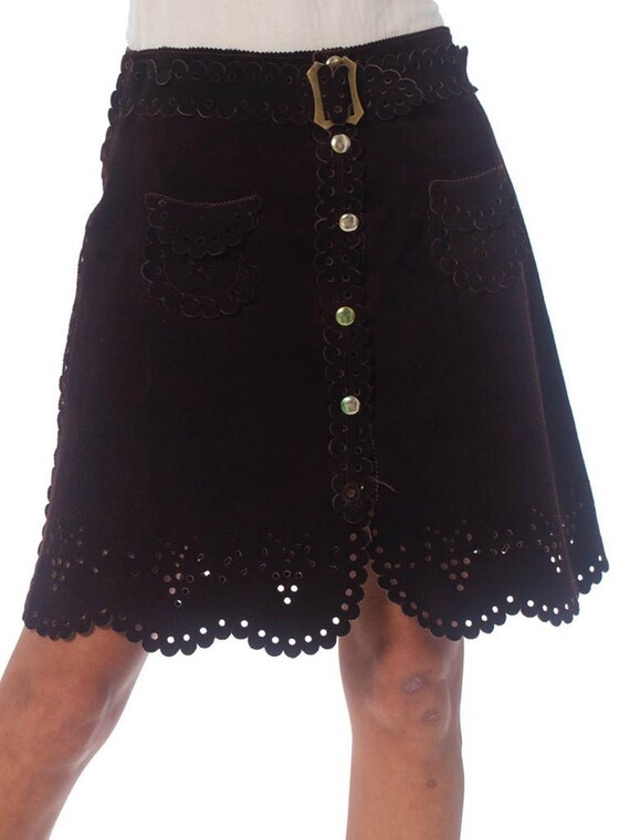 1960S Brown Suede Mini Skirt With Lace-Like Punche