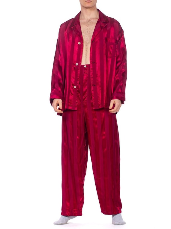 1940S Maroon Rayon Men's Satin Stripe Pajamas Larg