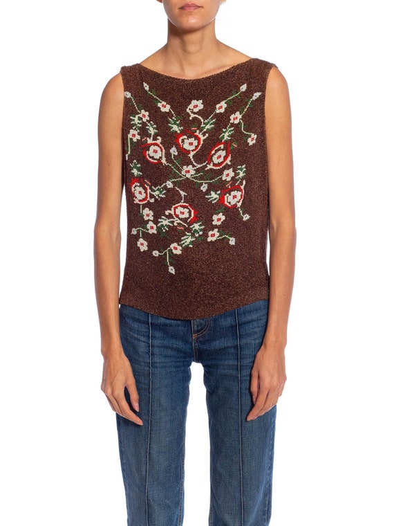 1990S Brown, Red & Green Floral Silk Beaded Top