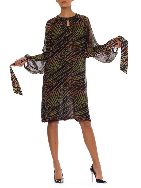 1970S Abstract Tropical Silk Chiffon Bias Long Sl… - image 2