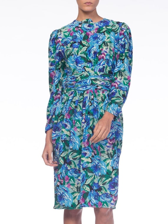 1980S EMANUEL UNGARO Style Blue Floral Silk Jacqu… - image 1