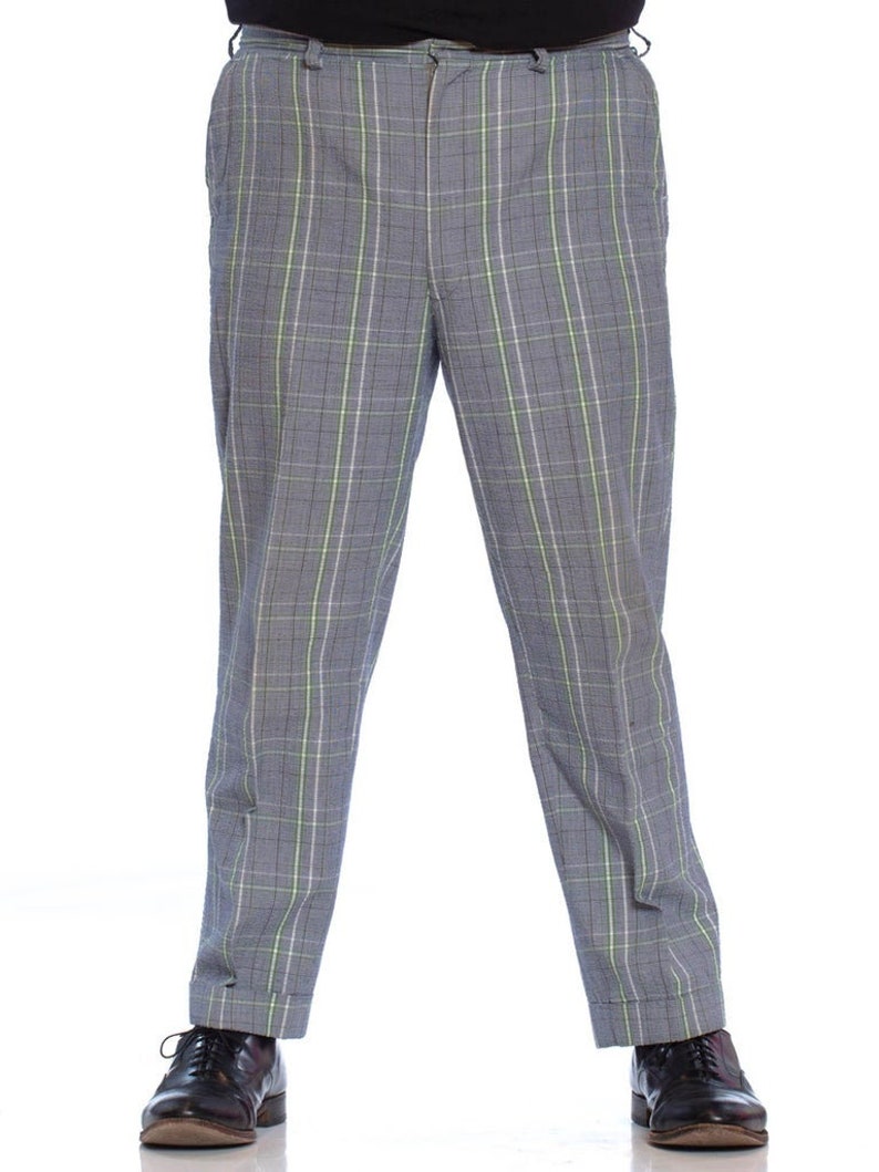 1960S Brooks Brothers Blue Grey Cotton Seersucker Men's Plaid Pants image 1