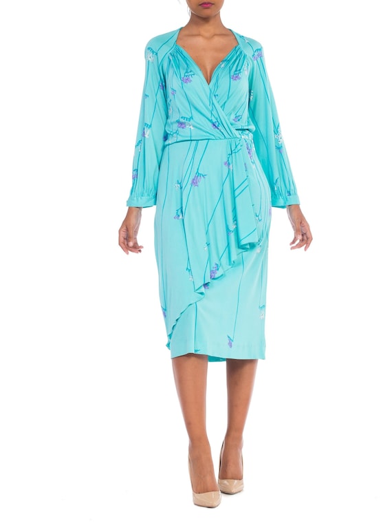 1970S de PARISINI Aqua Blue Silk Jersey Floral Dress Made In Italy