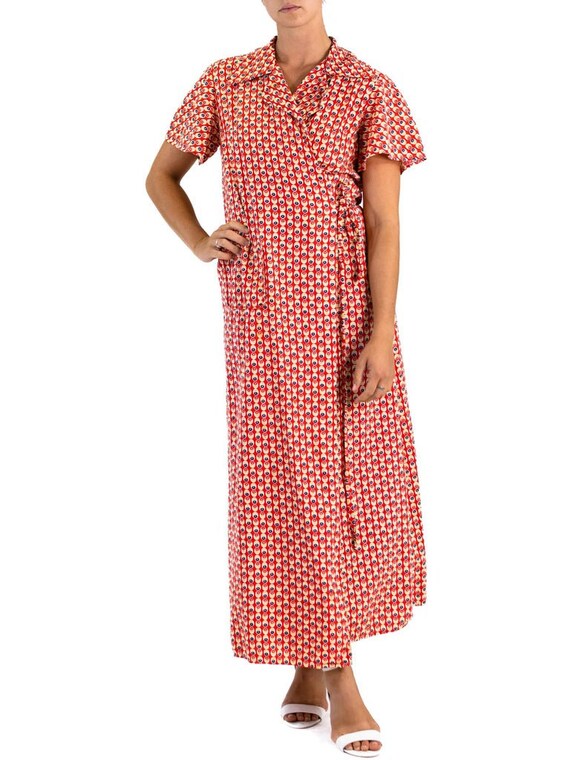 1940S Red Cotton Yellow Dot Print Wrap House Dress - image 6