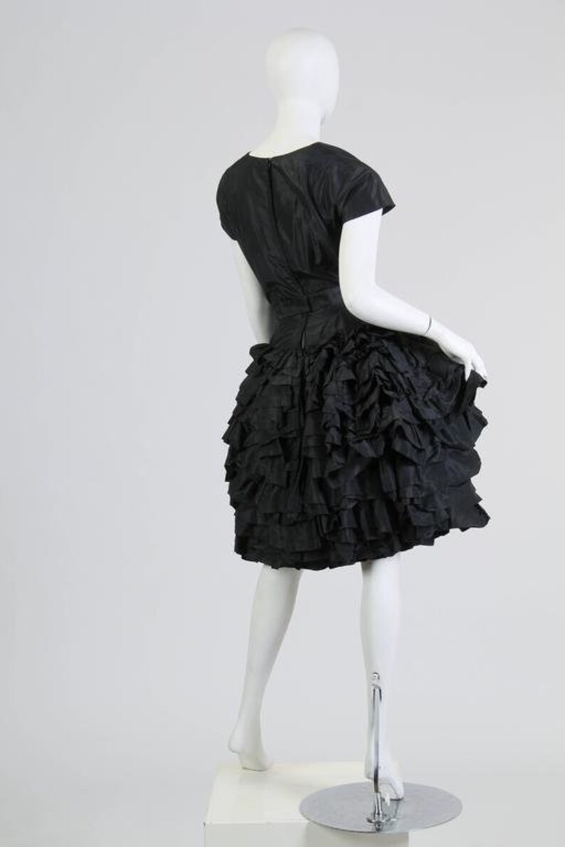 1950S PAULA WHITNEY Black Haute Couture Silk Taffeta Amazing Ruffled Poof Ball Skirt Cocktail Dress image 3