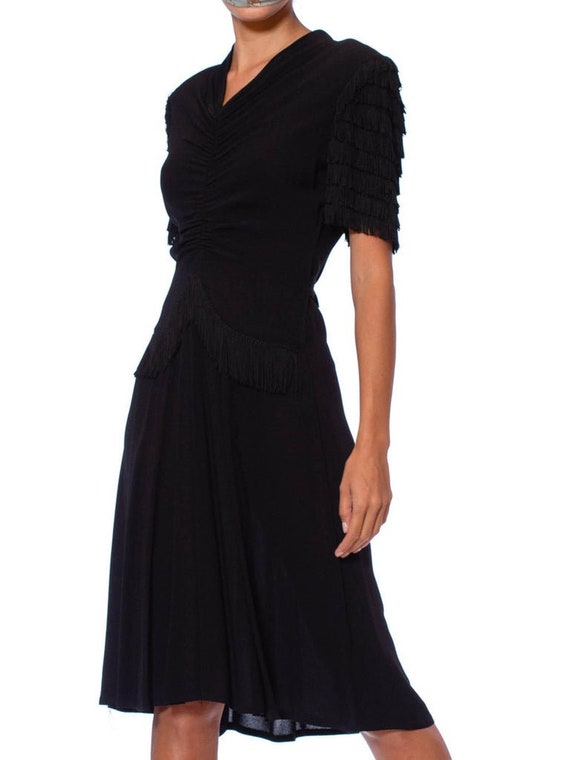 1940S Black Rayon Crepe Shirred Front Dress With … - image 6