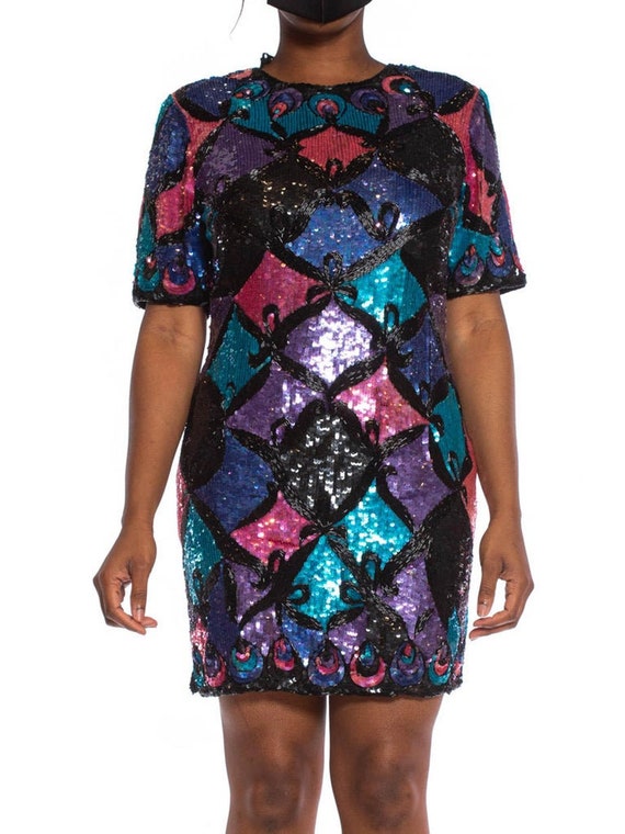 1980S Pink, Purple Blue Sequined Silk Cocktail Dress Beaded With