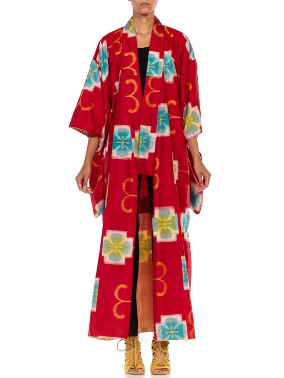 1940S Red Hand Woven Silk Ikat Kimono - image 1