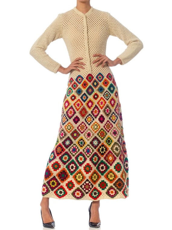 1970S Rainbow Hand Knit  Wool Crochet Maxi Dress - image 6