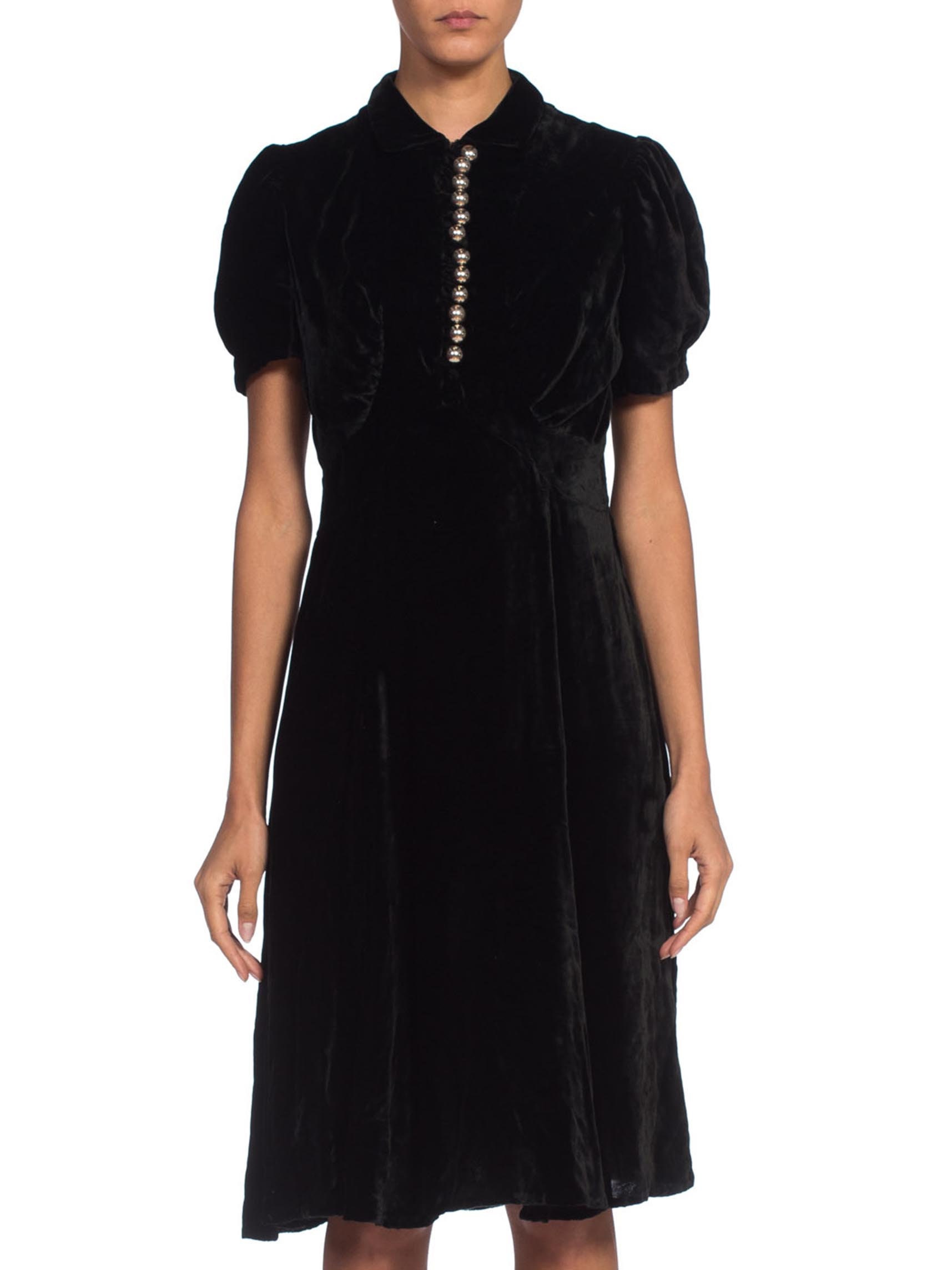 1930S Black Bias Cut Silk Velvet Dress With Fab Silver Buttons & Puff ...