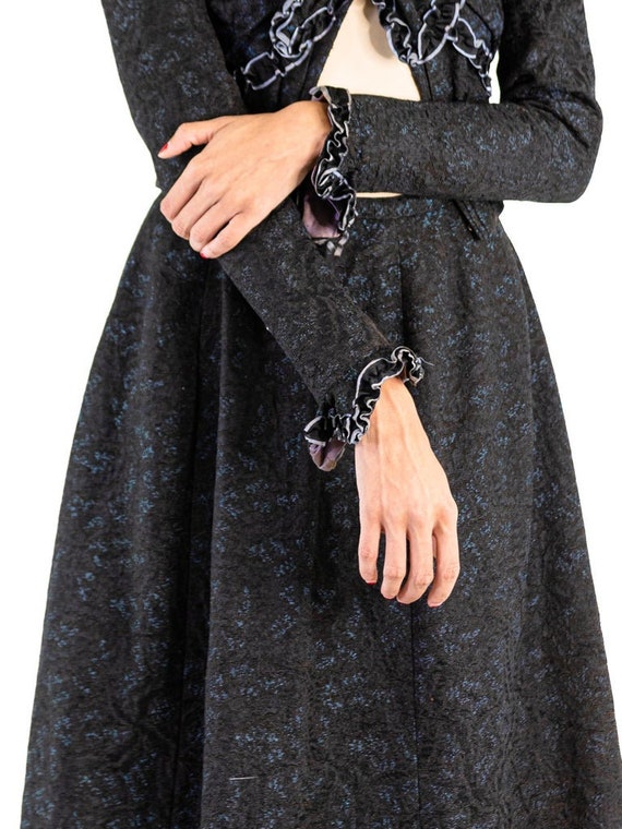 Victorian Black Silk  Wool Jacquard Blue Ruffled … - image 6