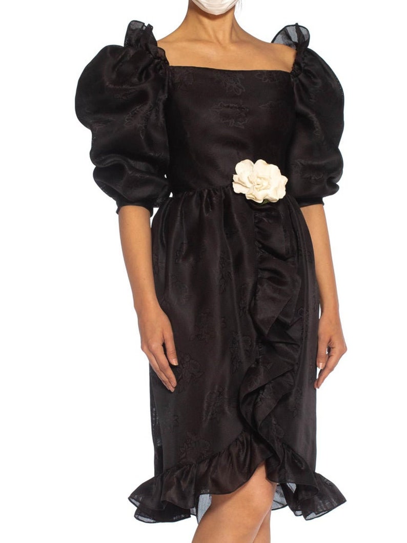 1980S Givenchy Haute Couture Silk Poof Sleeved Ruffled Cocktail Dress With A White Flower image 3