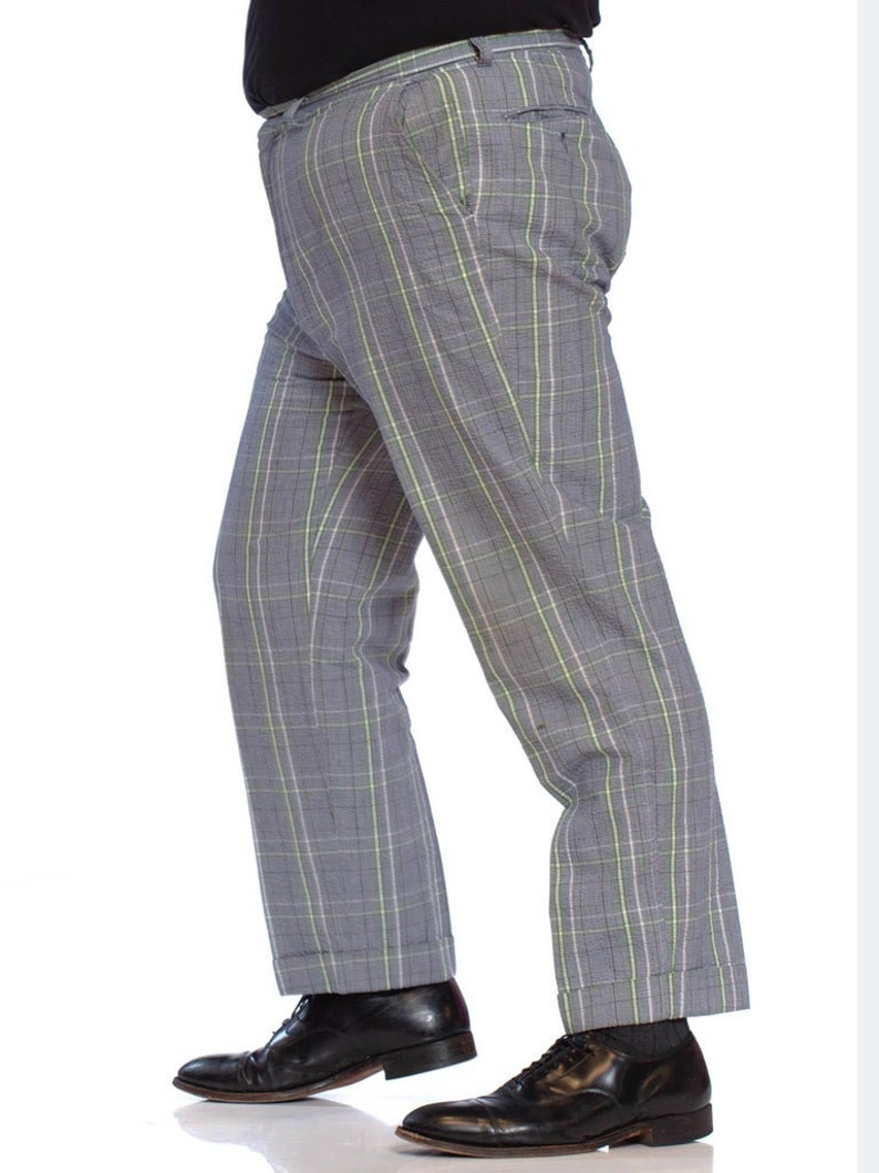 1960S Brooks Brothers Blue Grey Cotton Seersucker Men's Plaid Pants image 3