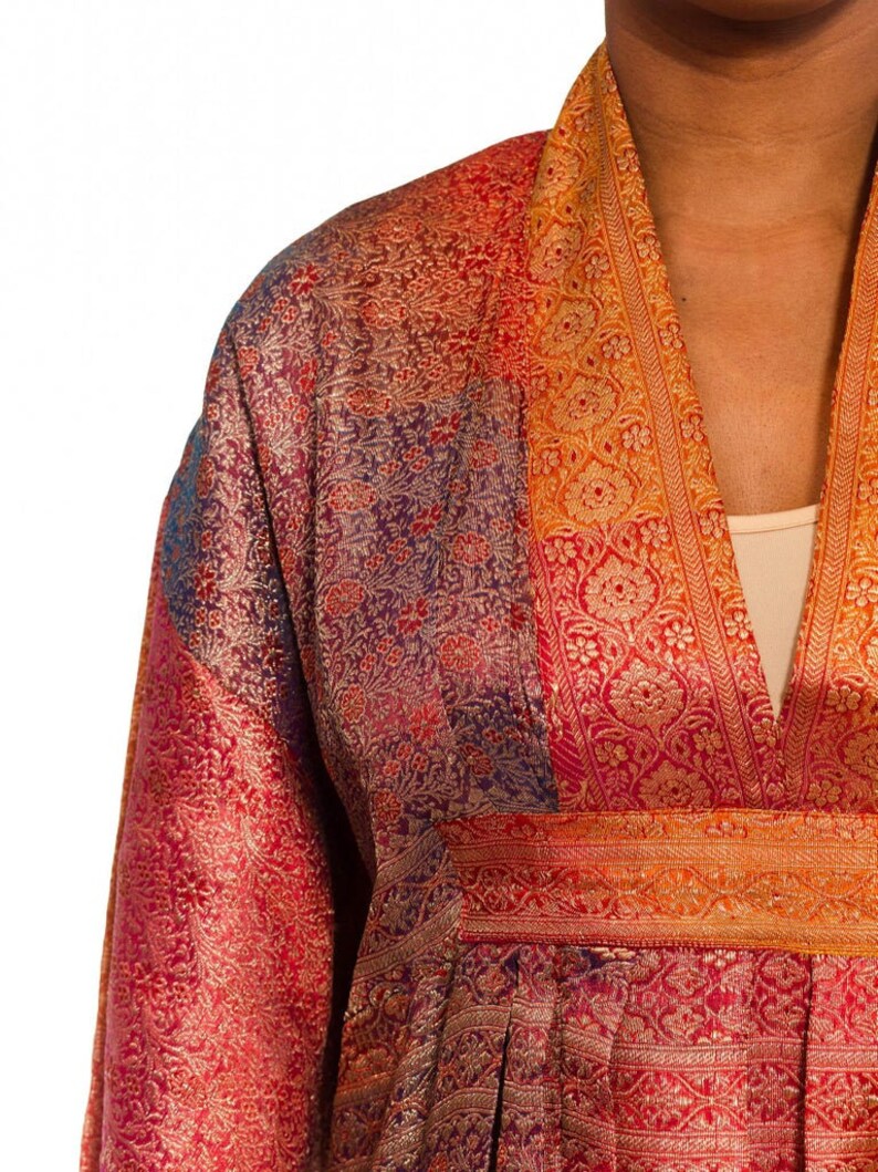 Morphew Collection Orange Yellow Multicolor Metallic Gold Silk Kaftan Made From Vintage Saris image 9