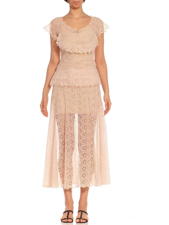 1940S Light Pink Cotton Eyelet Lace Dress