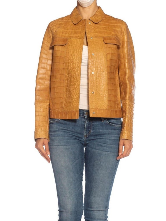 2000S Prada Tan Alligator Leather Straight Jean Jacket Cut 2000S Prada Tan Alligator Leather Straight Jean Jacket Cut