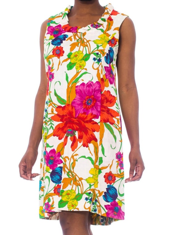 1960S White Floral Cotton Jacquard Sateen Mod Dres