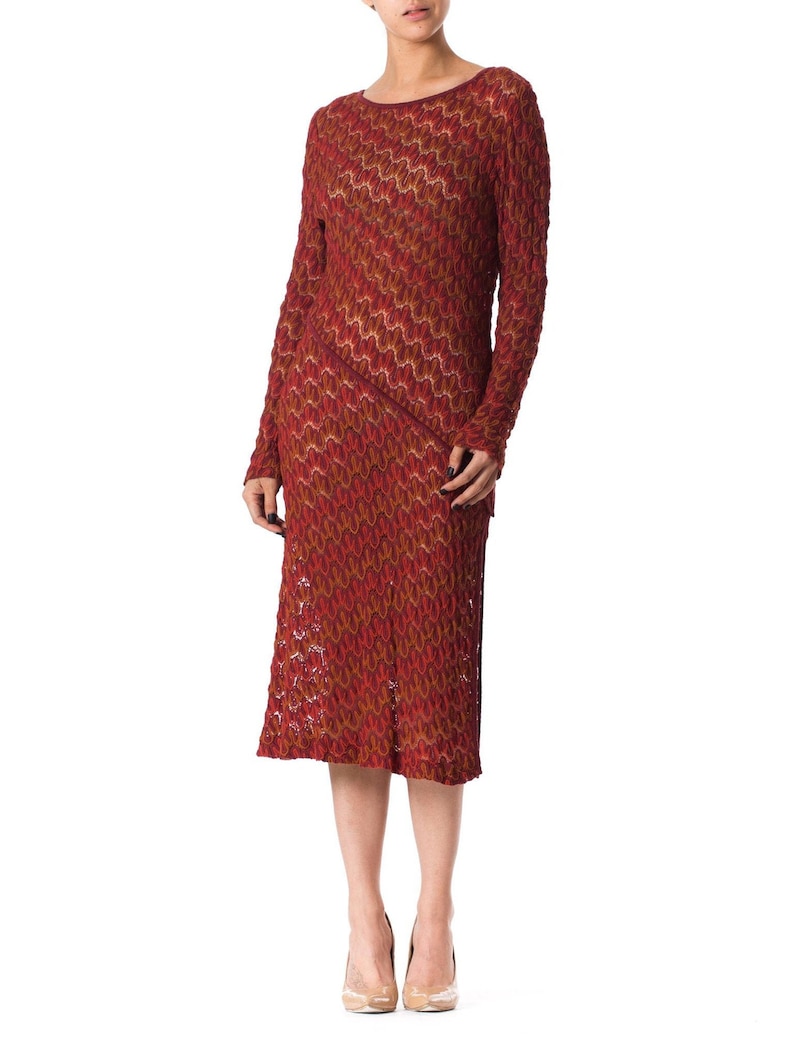 1970S MISSONI KNIT Style Burgundy Silk Long Sleeve Dress With Side Slit image 1