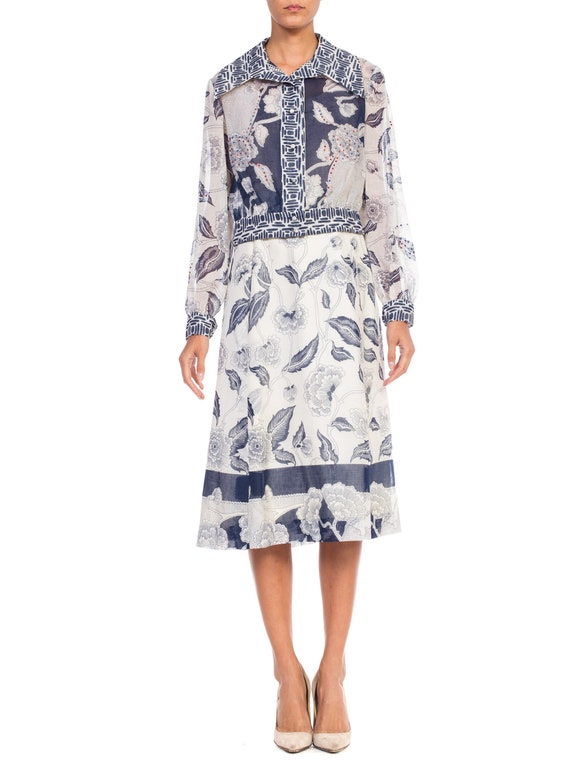 1970S Blue & White Cotton Voile Skirt Shirt Jacket