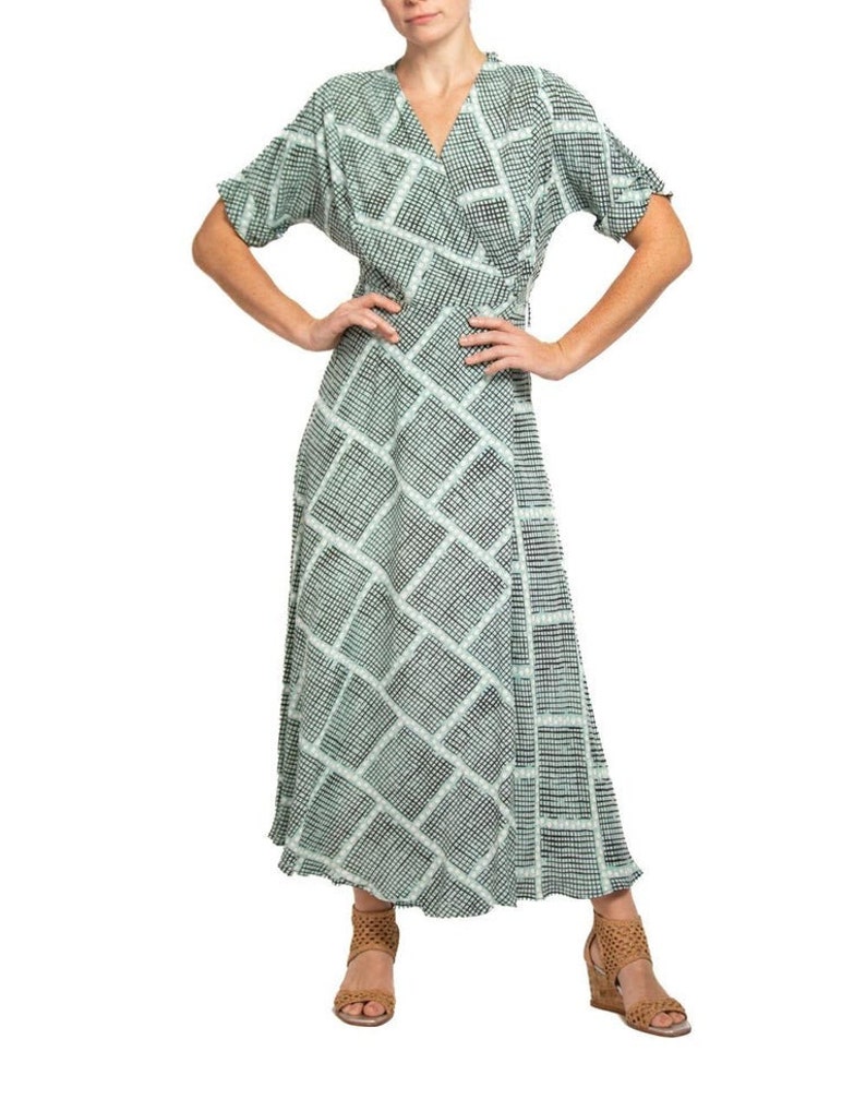 1940S Light Blue & Black Cold Rayon Geometric Print Wrap Dress image 4