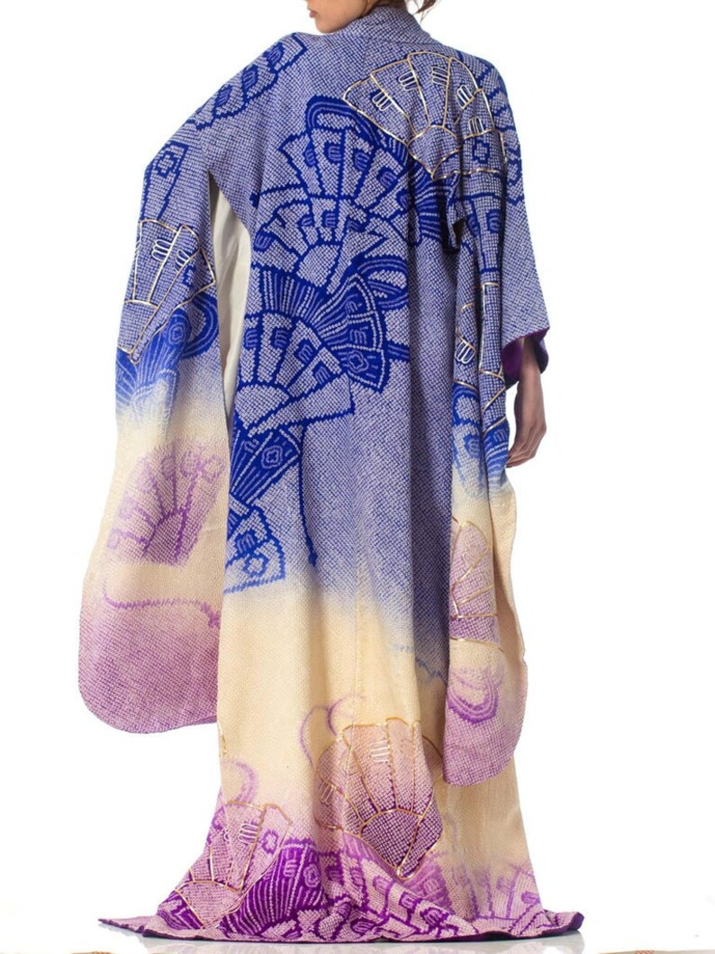 1970'S Japanese Shibori Hand Dyed Ombre Blue To Purple Silk Gold Embroidered Kimono image 4