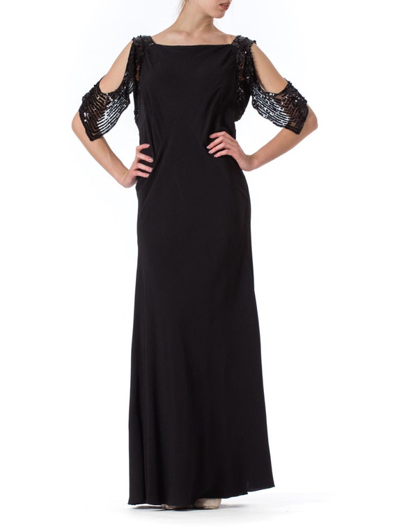 1930S Black Bias Cut Rayon Crepe Gown With Cellulo