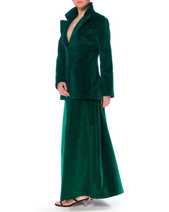 1970S Green Cotton Velvet Maxi Skirt Suit XL - image 3