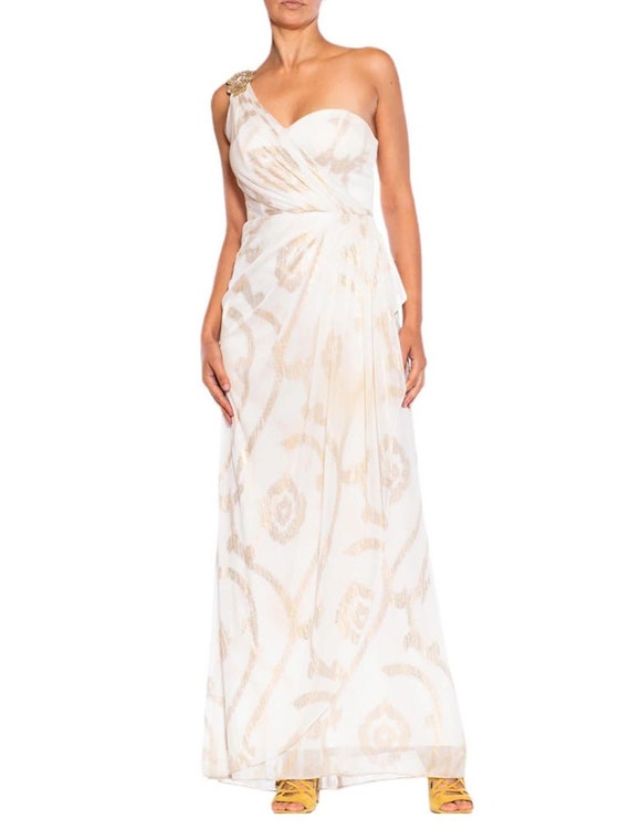 1990S White & Gold Lurex Silk Blend Chiffon Gown - image 4