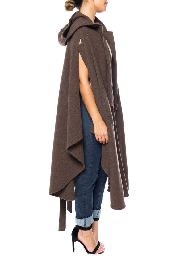 1980S Brown Wool Hooded Cape With Belt - image 5