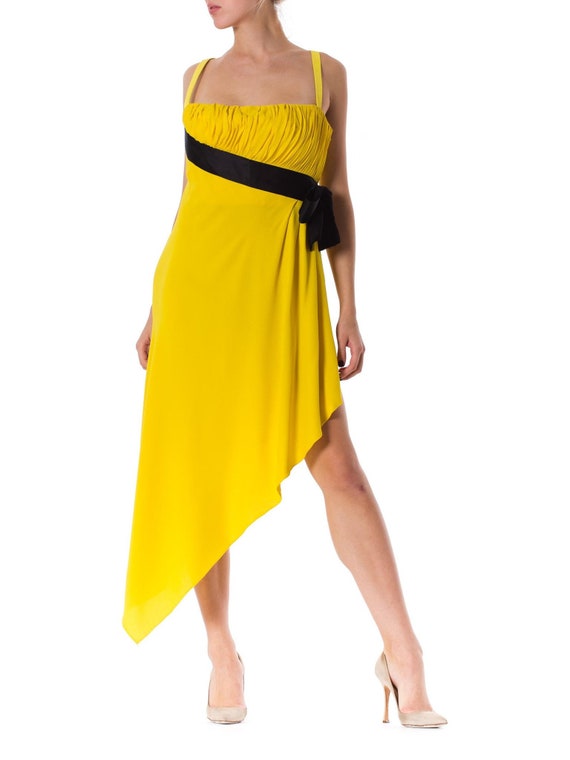 princess polly baby blue dress 1990S CHANEL Lemmon Yellow Silk Crepe Chiffon Strapless Empire Waist Dress  With Black Satin Bow & High Slit