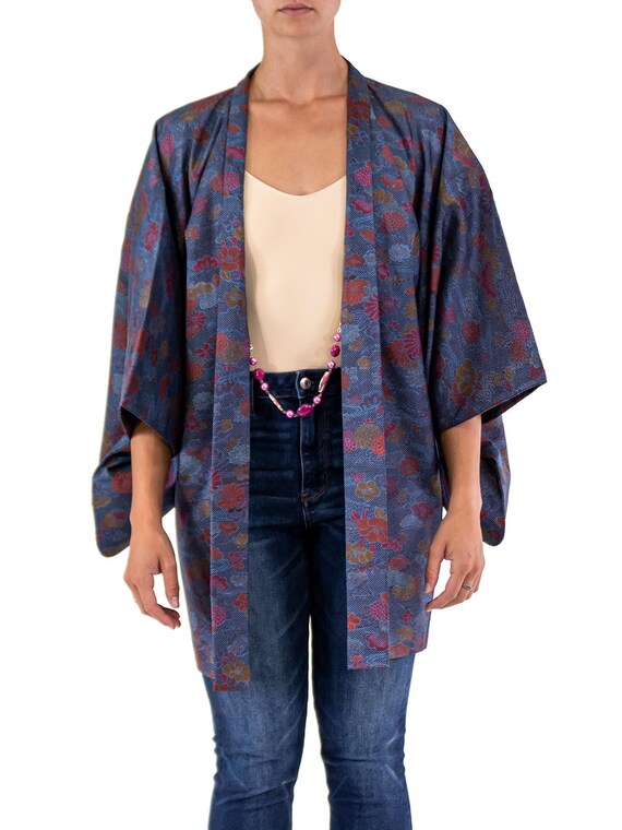 1950S Jewel-Tone Silk Short Kimono With Dark Dot D