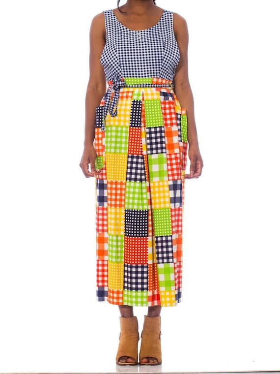 1970S Printed Patchwork Cotton Pinafore Wrap Dress