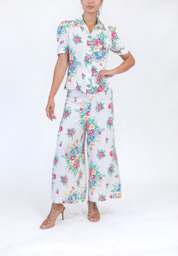 1940S White Cold Rayon Pink Floral Print Pajamas - image 4