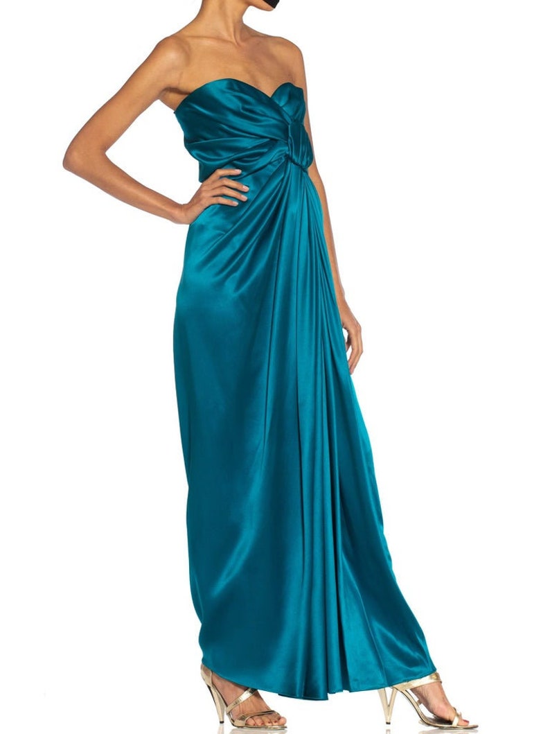 1980S Yves Saint Laurent Teal Haute Couture Silk Satin Draped Strpless Gown 画像 3