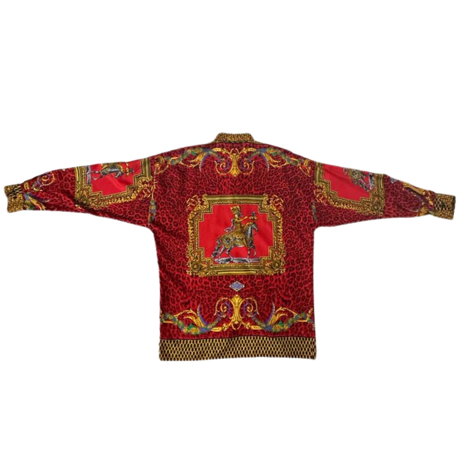 1990s Gianni Versace Red & Gold Silk Twill Baroque Leopard Shirt