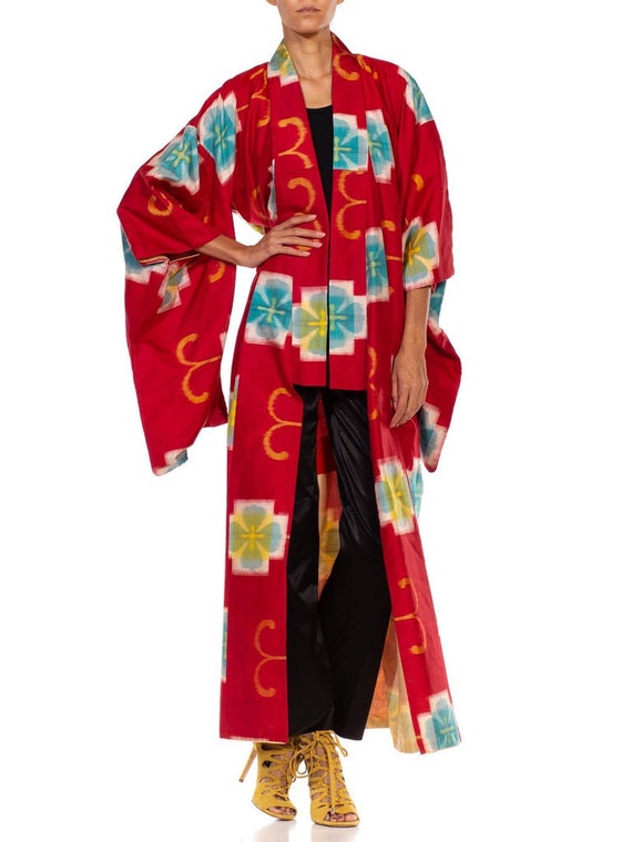 1940S Red Hand Woven Silk Ikat Kimono - image 7
