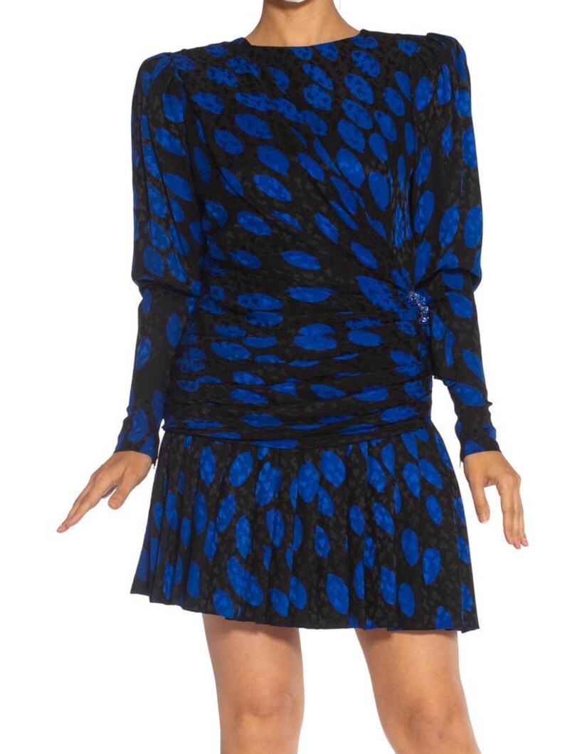 1980S Givenchy Black Blue Haute Couture Silk Jacquard Draped Cocktail Dress With Sleeves image 1