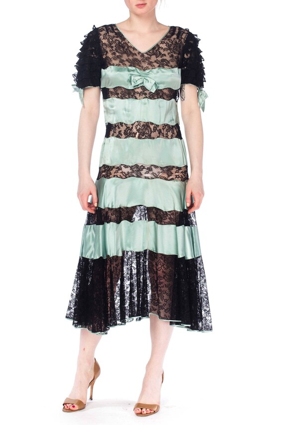 1930S Mint Blue & Black Silk Satin Lace Dress With
