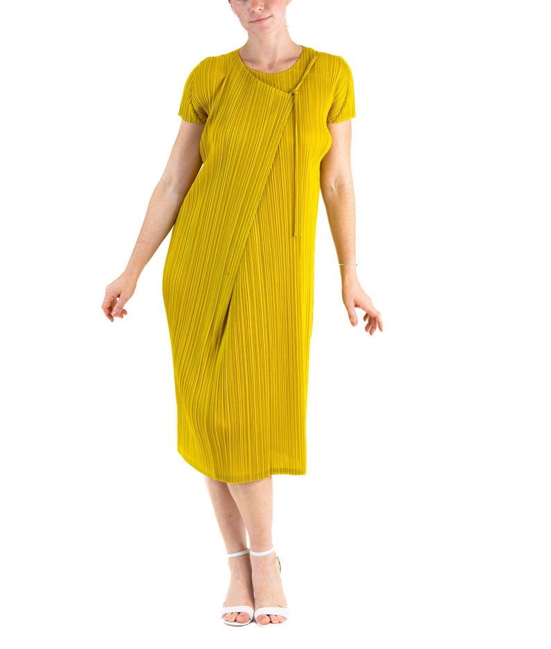 1990S Pleats Please Issey Miyake Mustard Yellow Polyester Wrap Dress image 1