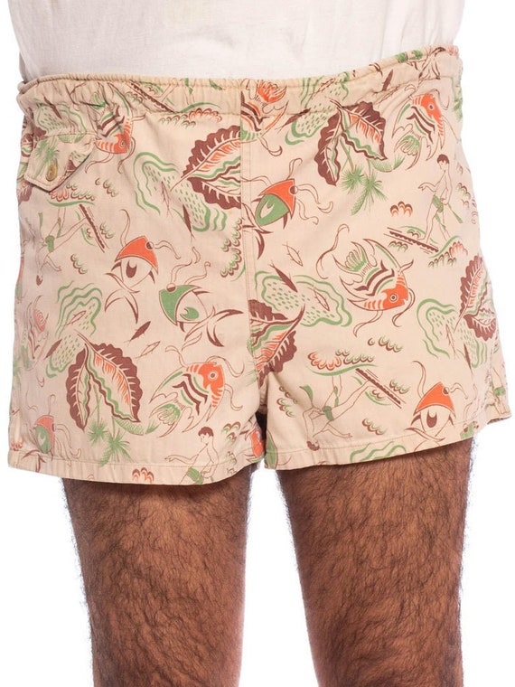 1940S Orange, Brown Green Tropical Cotton Twill M