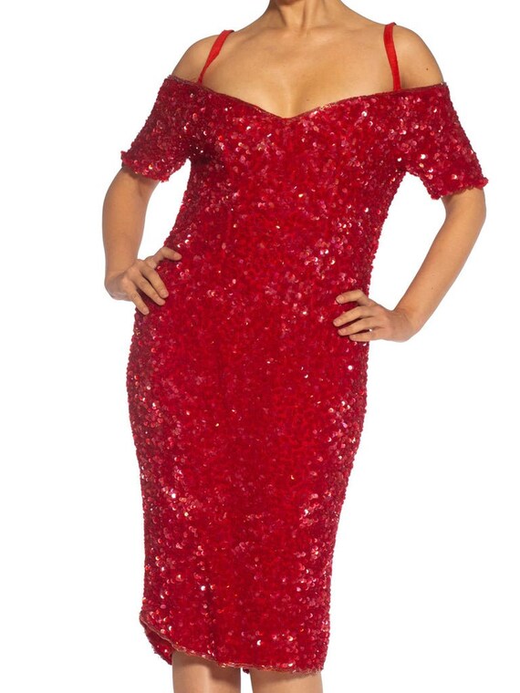 1980S Red Silk Sequin Encrusted Cocktail Dress - image 10