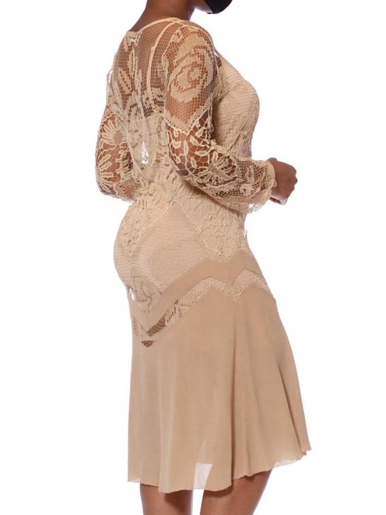 1920S Beige Handmade Lace Silk Chiffon Dress With Long Sleeves image 5