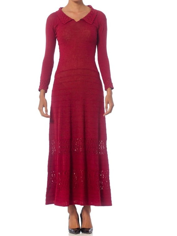 1930S Cranberry Red Rare Rayon Blend Knit Maxi Dr… - image 1