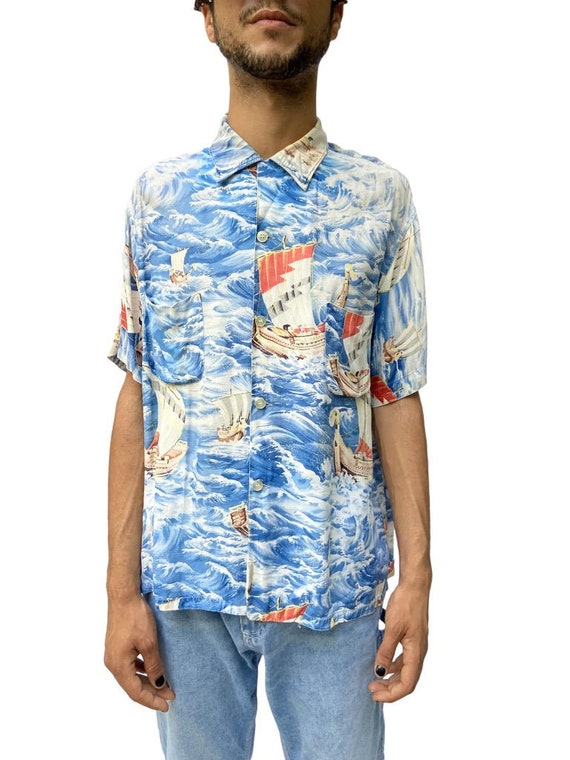 1950S Pennys Blue Waves Rayon Sailboats Hawaiian … - image 8