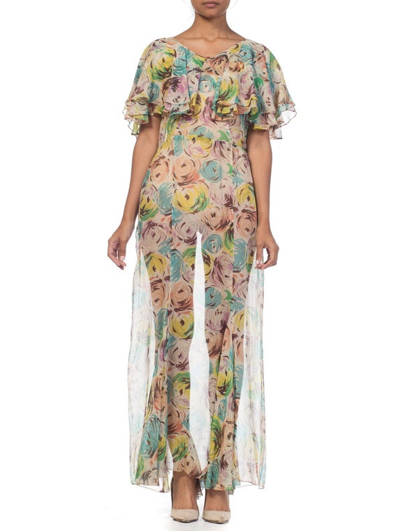 1930S Sheer Silk Chiffon Scribble Floral Printed G