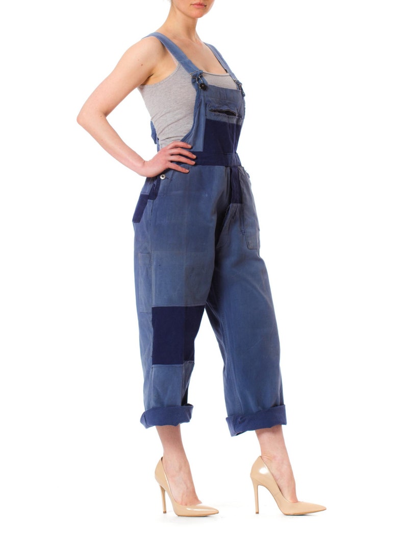 1930S Blue Cotton Men's Heavily Distressed Patchwork French Workwear Overalls image 2