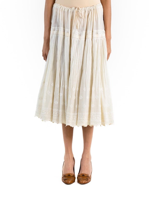 1990S White Cotton Drawstring Embroidered Skirt